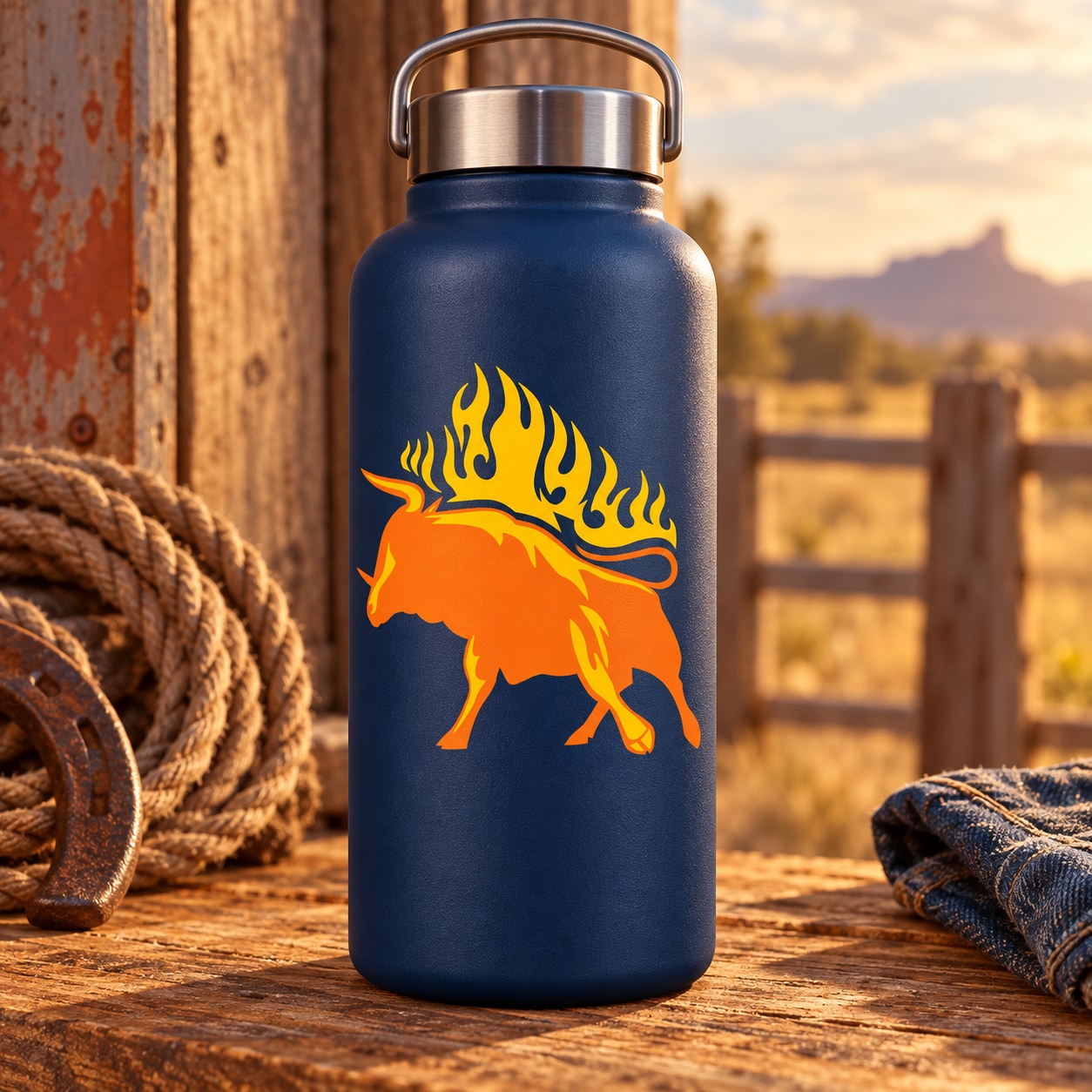 Blazing Bull sticker graphic: fiery orange bull with flames on a dark blue surface