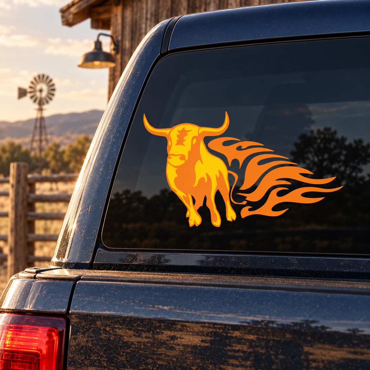 Flaming bull graphic sticker on car rear window
