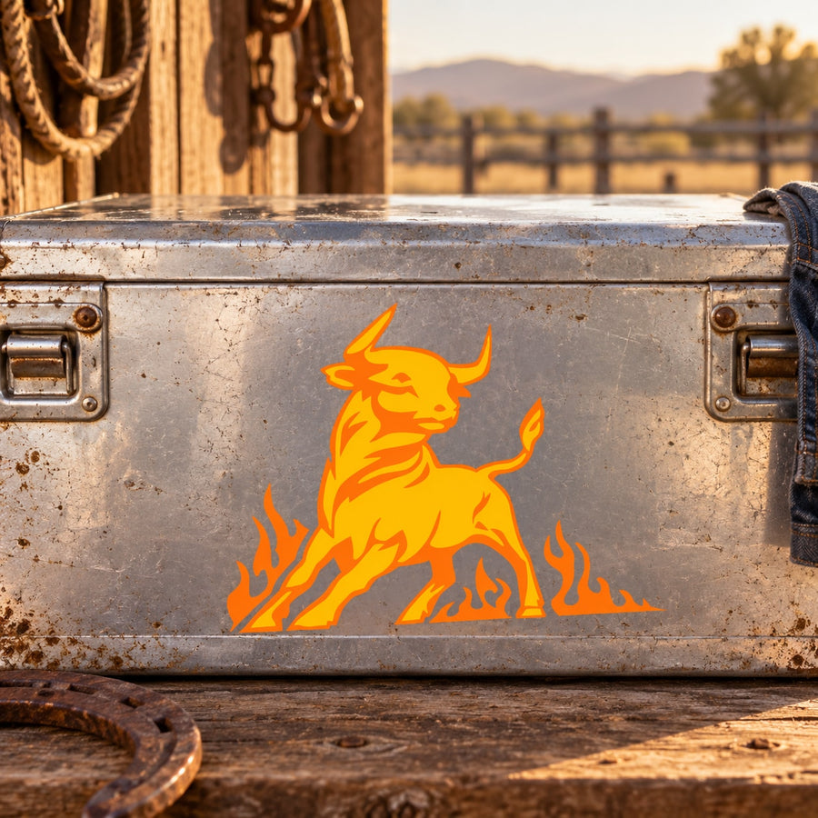 Fire trail bull sticker with orange flaming bull graphic