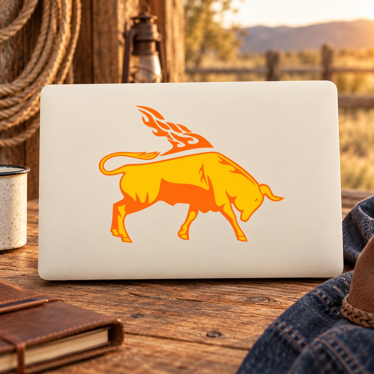 Fire-back bull flame sticker, orange and white design