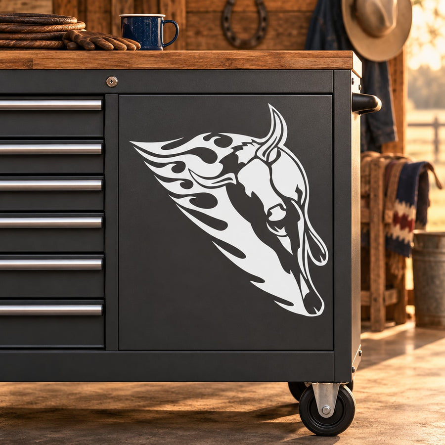 Ablazed bull decal, white bull head with flame-like horns on dark surface