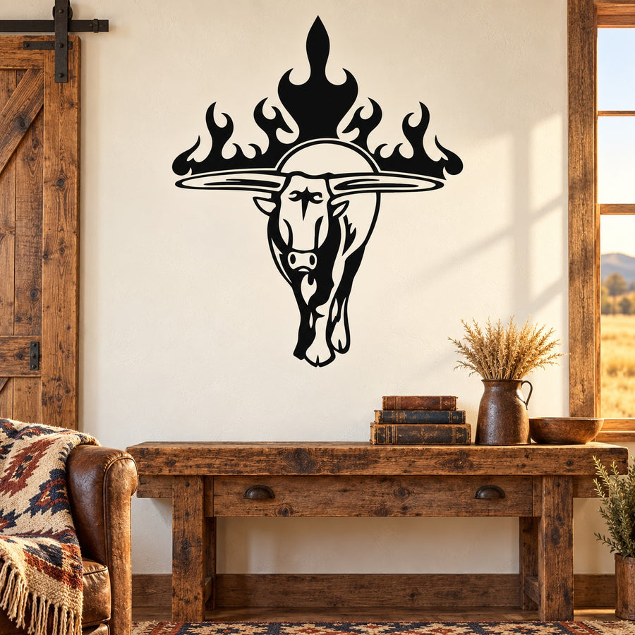 Bull head horn flame decal, black outline