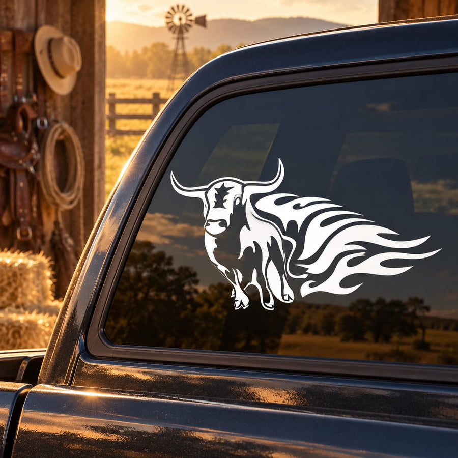 Black and white bull fire trail decal on a car side window