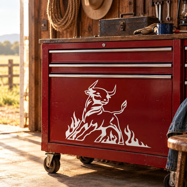 Bull fire trail decal sticker with white rearing bull and flame details