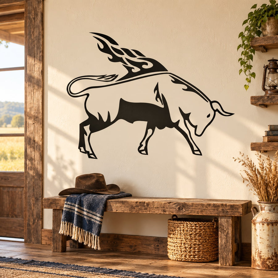 Black bull head wall decal with flame-style mane and outline, sticker graphic