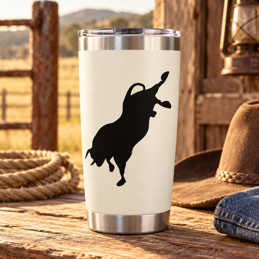 Bucking bull decal on a white tumbler, black silhouette