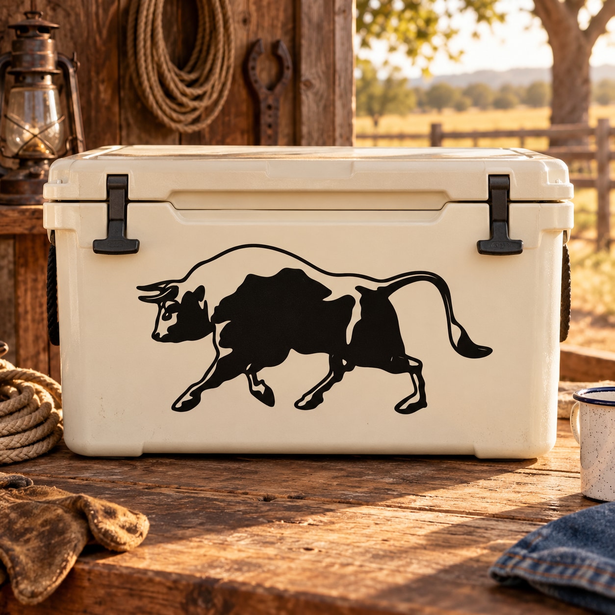 Charging bull decal with black charging bull silhouette on white backing