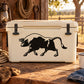 Charging bull decal with black charging bull silhouette on white backing
