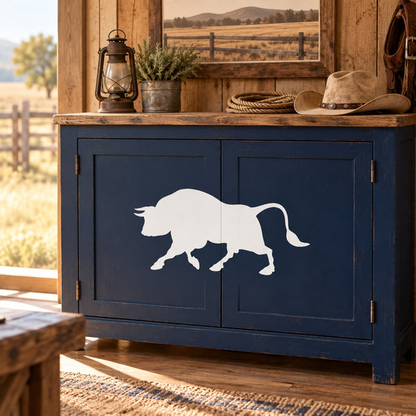 Bull silhouette decal with white outline, mounted on dark blue cabinet front