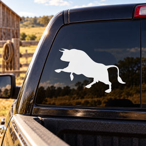 Bull silhouette decal with white bull on dark car rear window