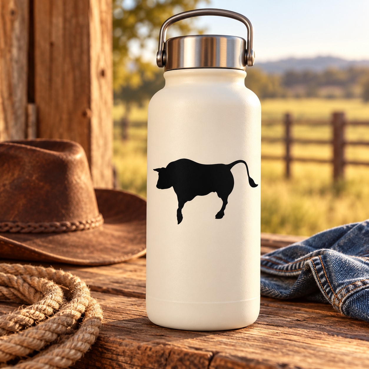 Black bull silhouette decal design on white bottle