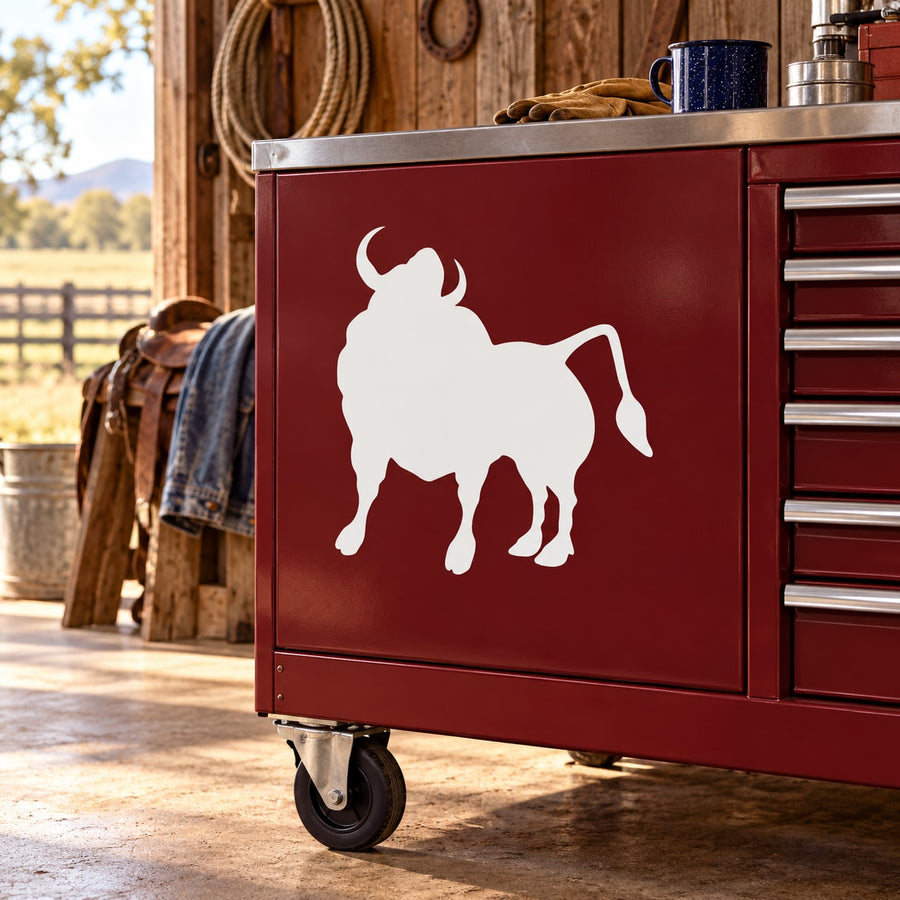 White lifting bull silhouette decal on a red panel
