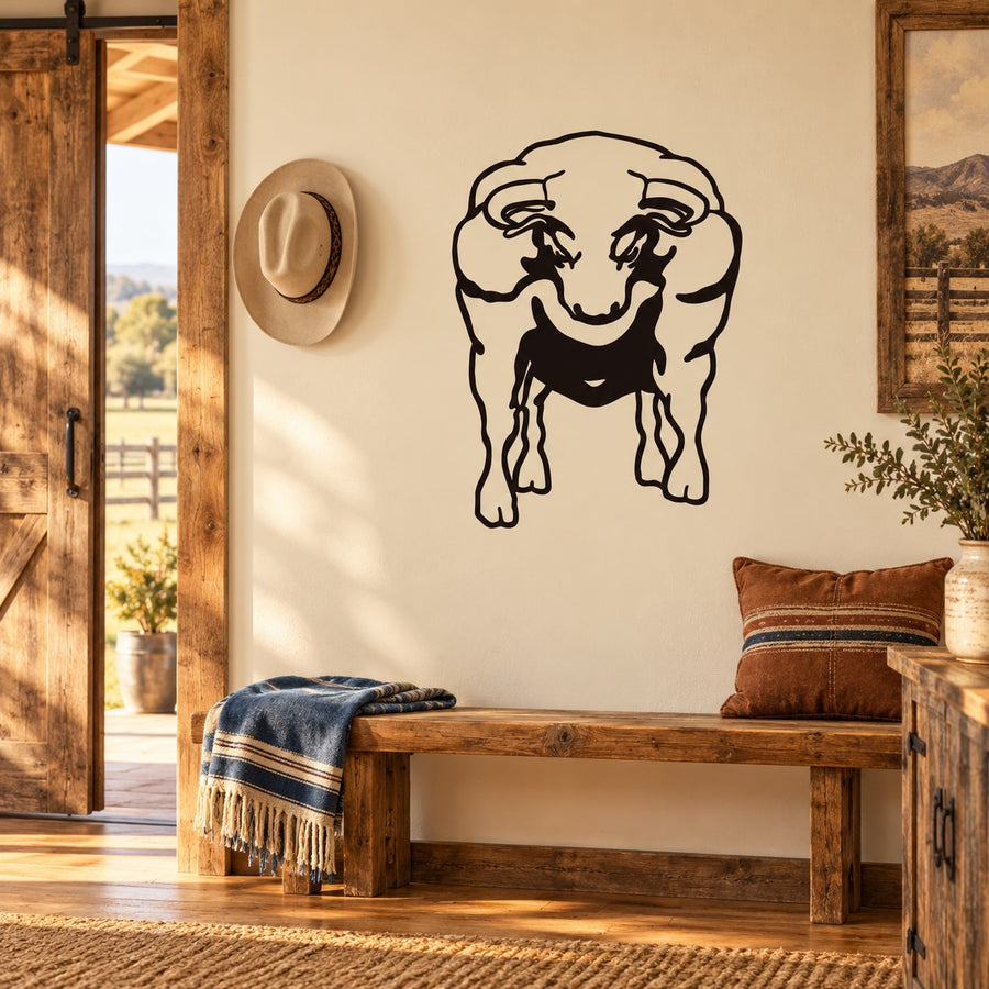 Black line-art bull decal with forward stance on wall