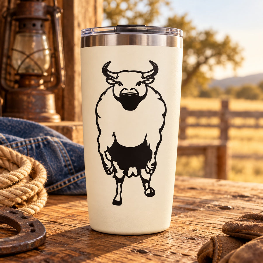 Charging bull decal graphic in black on a white tumbler