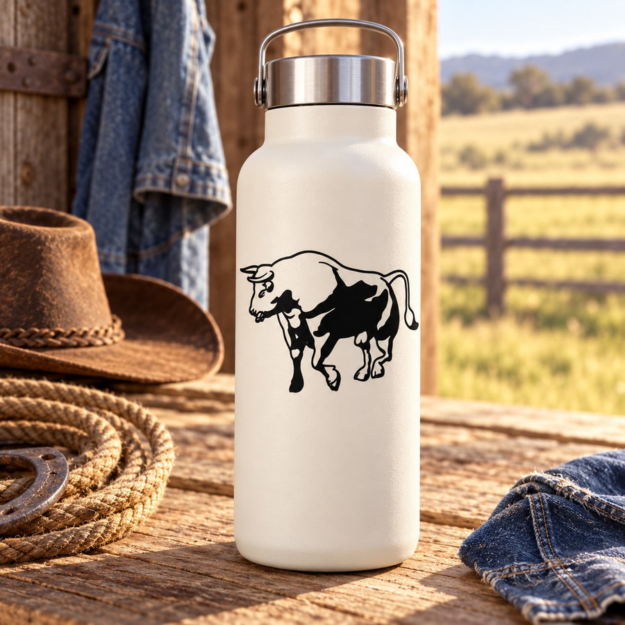 Agitated bull decal with black bull silhouette and dynamic tail/legs outline