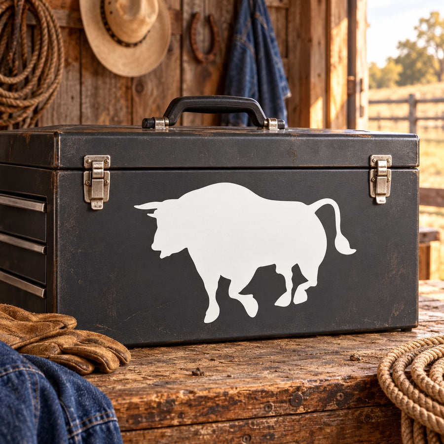 White agitated bull silhouette decal on dark background