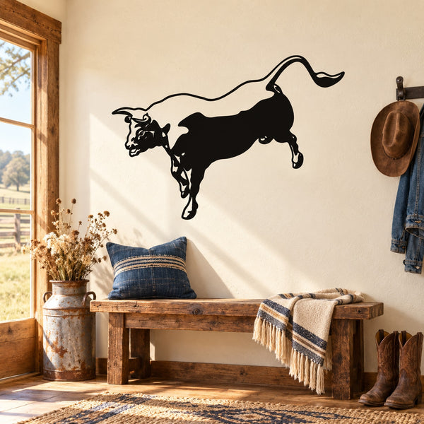 Black bull-chasing wall decal silhouette with long horns and raised tail