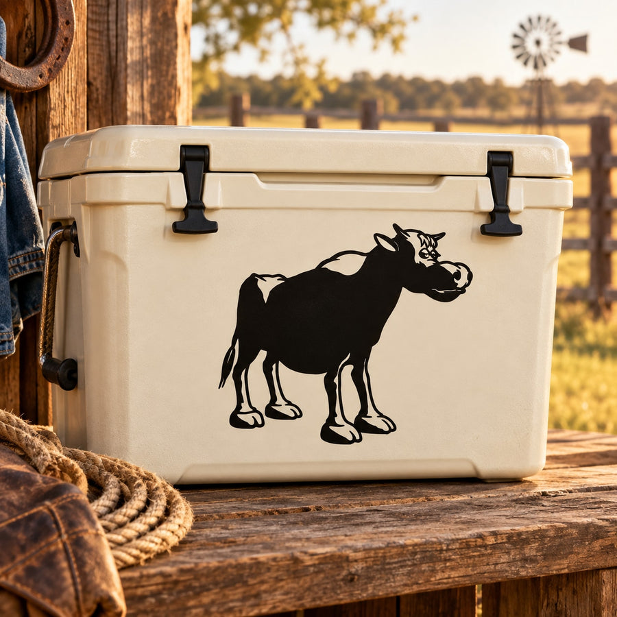 Cartoon bull decal on white cooler, black bull silhouette with horns and legs.