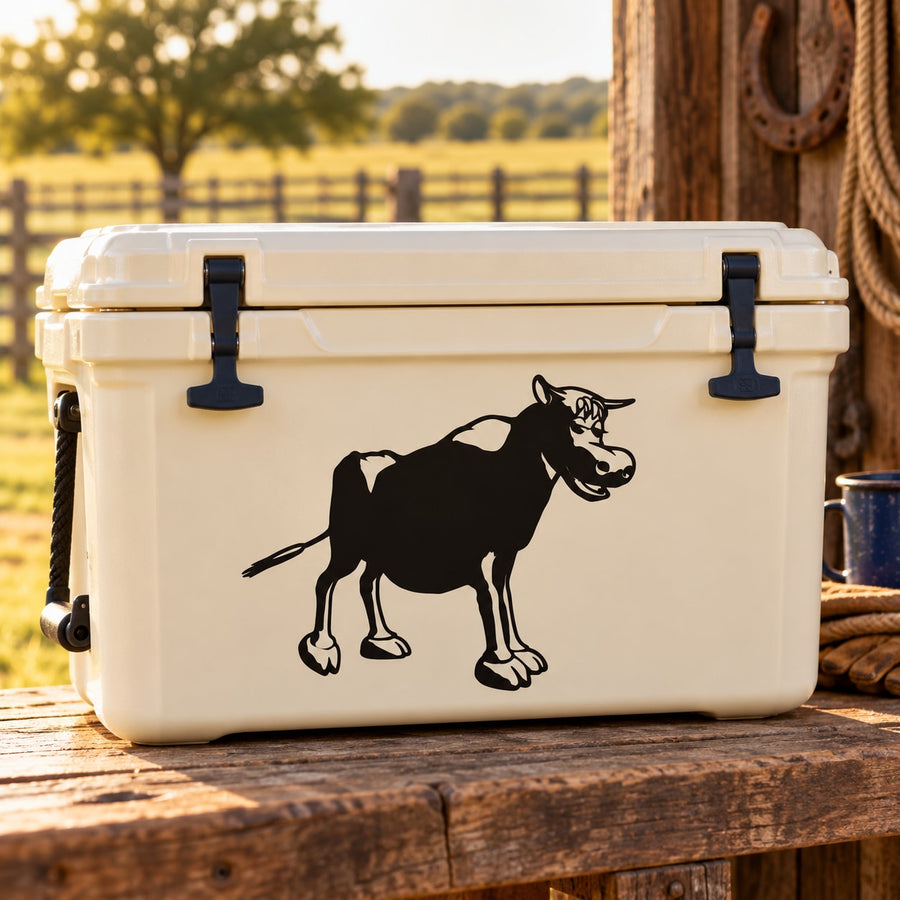 Black bull animal decal on a white cooler body