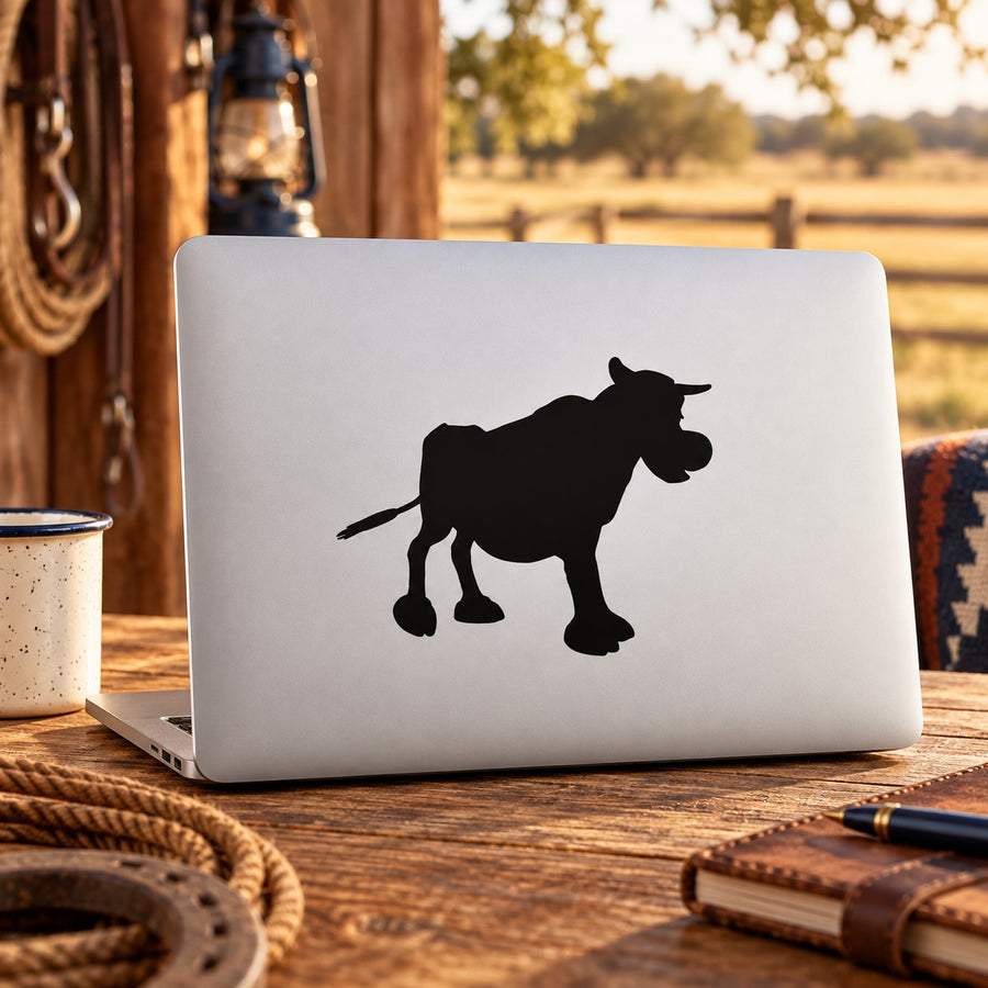 Black bull silhouette decal on light laptop lid