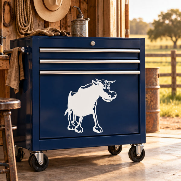 Cartoon walking bull decal on dark blue panel