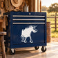 Cartoon walking bull decal on dark blue panel