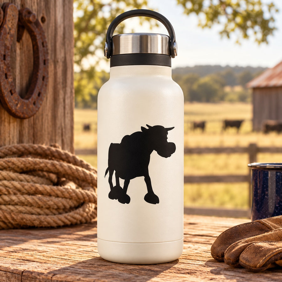 Insulated bottle with black walking bull silhouette decal and stainless steel handle