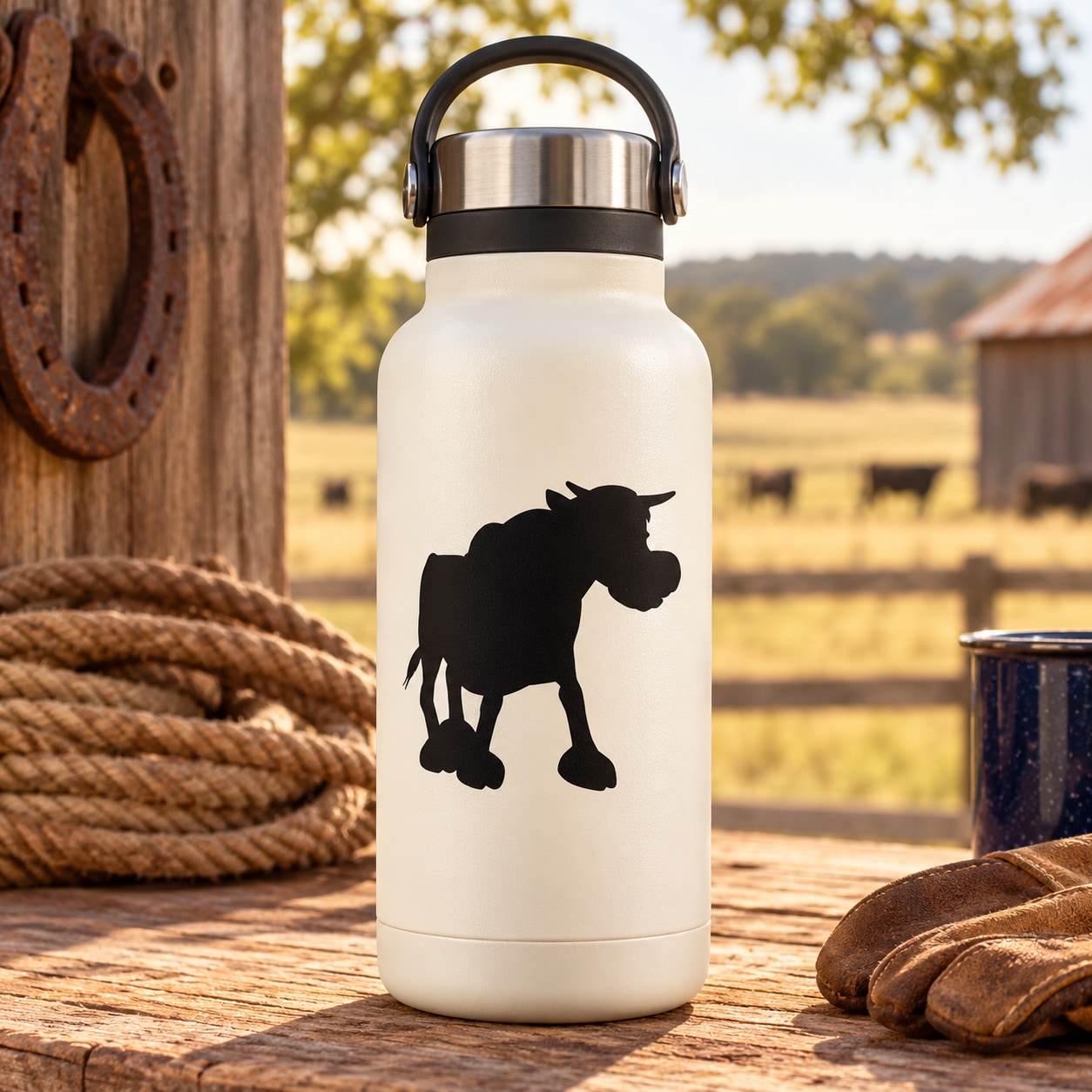 Insulated bottle with black walking bull silhouette decal and stainless steel handle