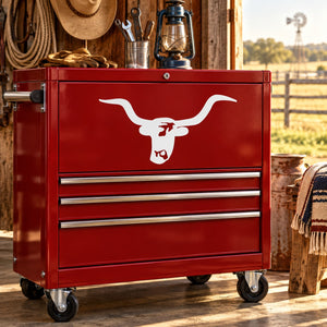 White bull horns decal with longhorn skull on red toolbox drawer