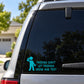 Car window decal with blue figure and text: FRIENDS DON'T LET FRIENDS DRINK AND TEXT