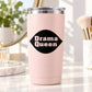Black circular 'Drama Queen' decal on pink tumbler