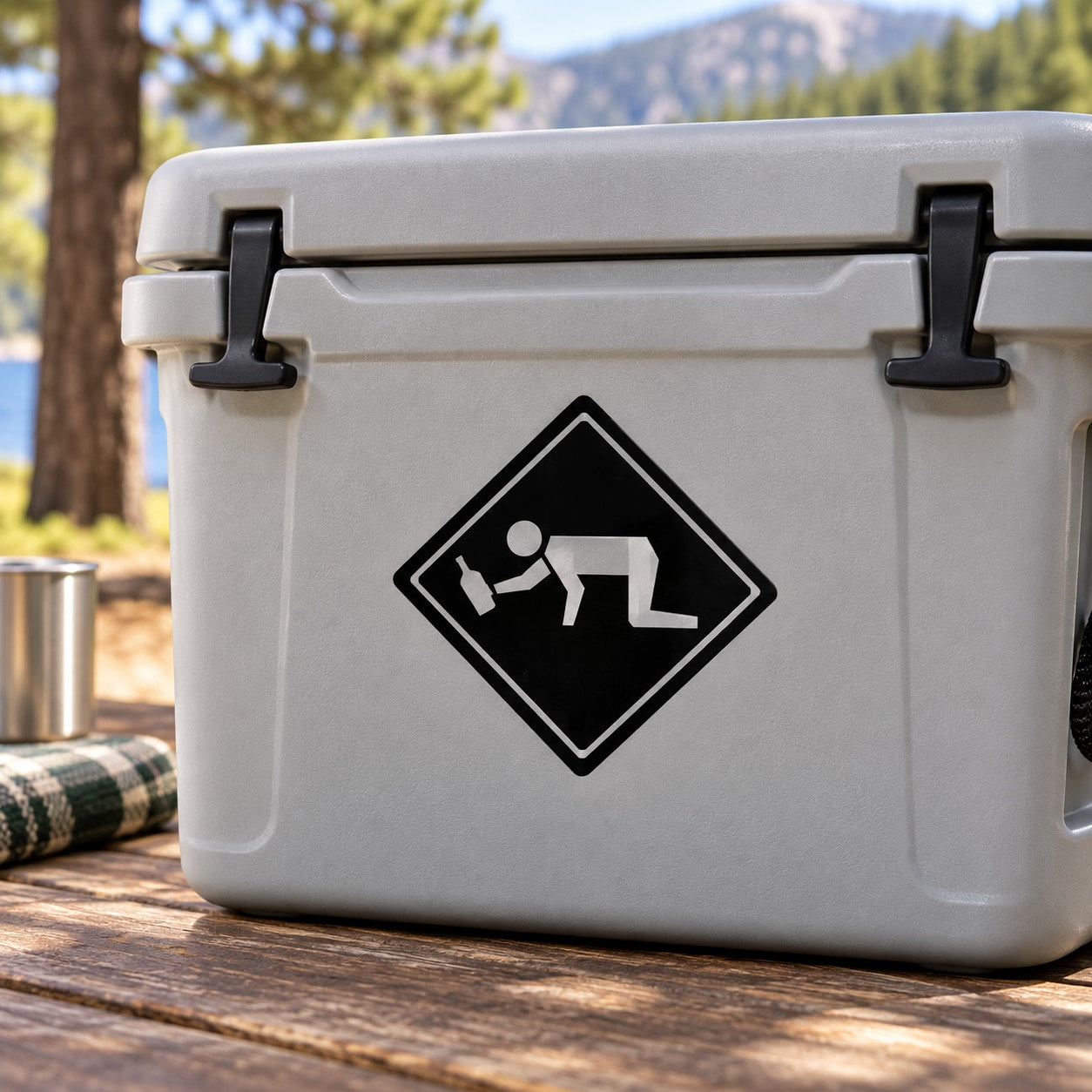 Black diamond warning decal showing a man stumbling figure on a cooler