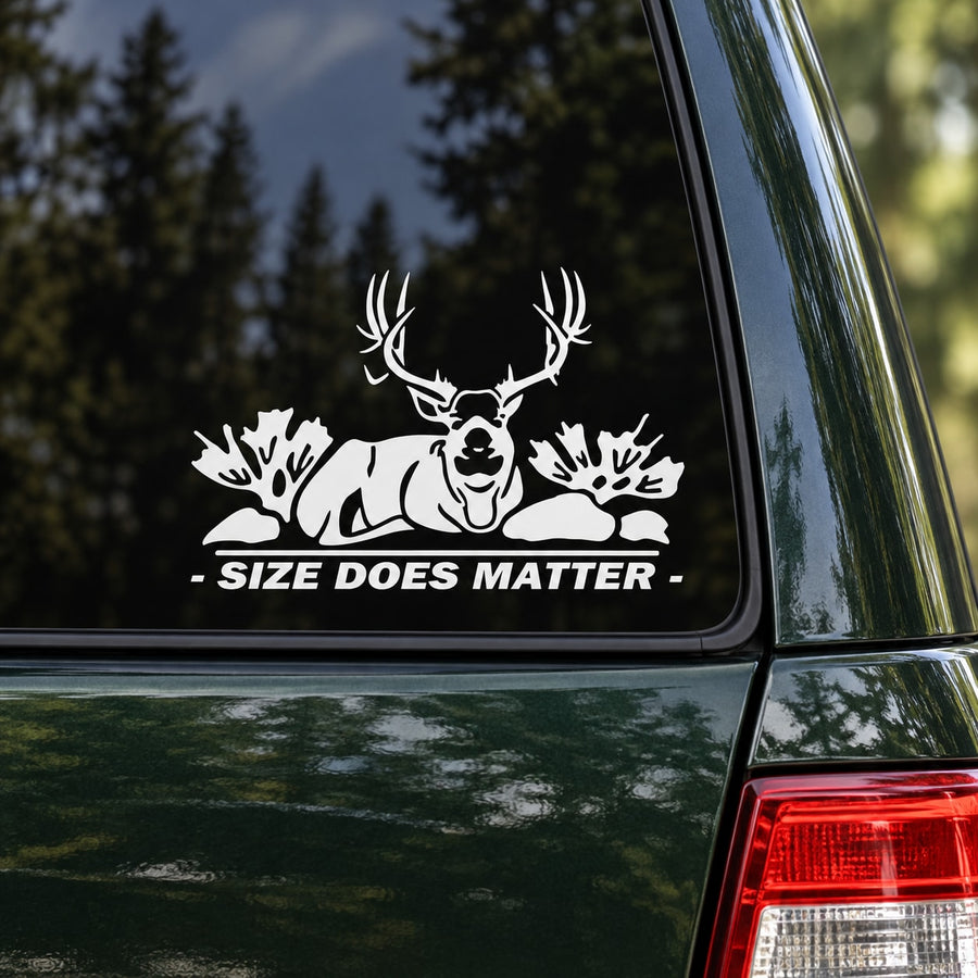 Black deer head vinyl car decal with antlers and text 'SIZE DOES MATTER'