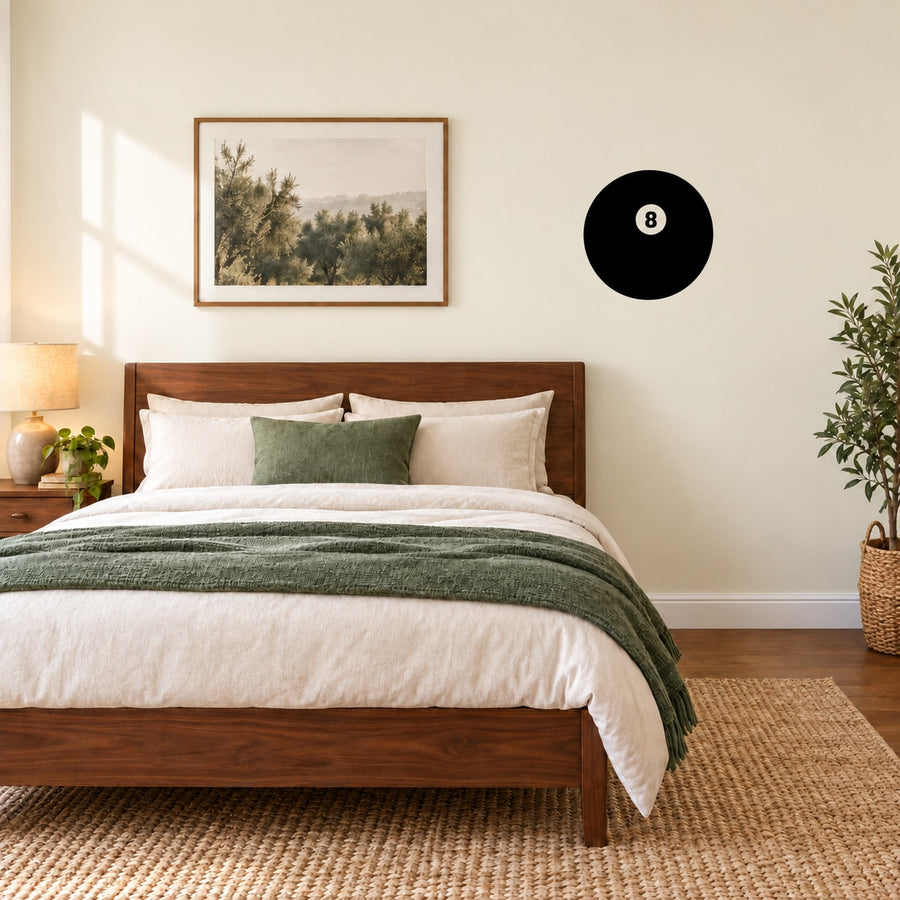 8 ball decal: black circular sticker with a white “8” on a dark background