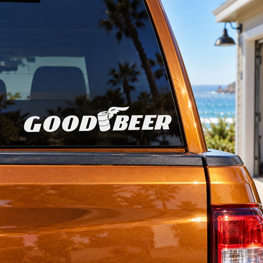 GoodBeer decal with white GOODBEER lettering and beer mug icon
