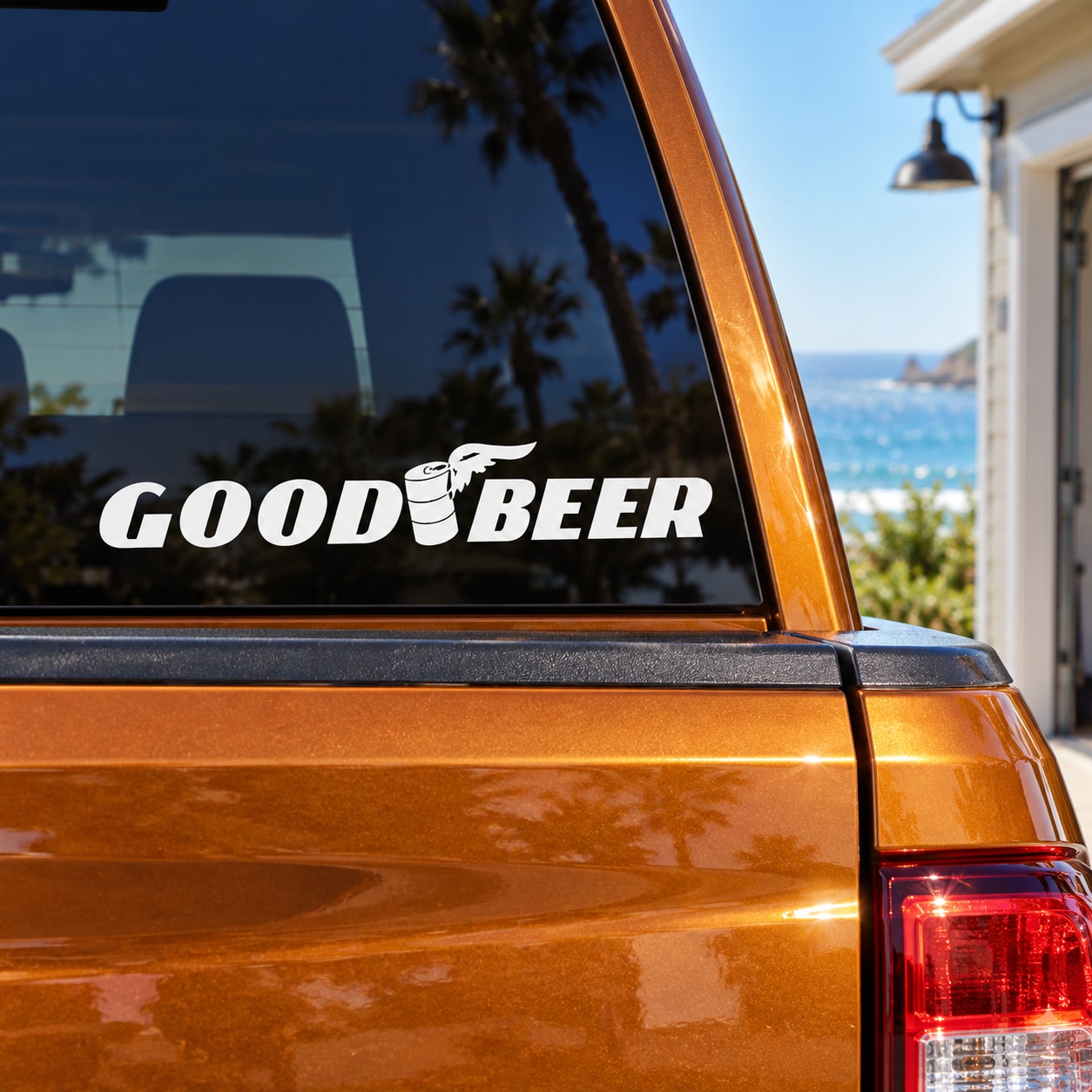 GoodBeer decal with white GOODBEER lettering and beer mug icon