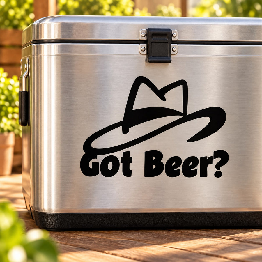 Beer decal with black hat graphic and “Got Beer?” text