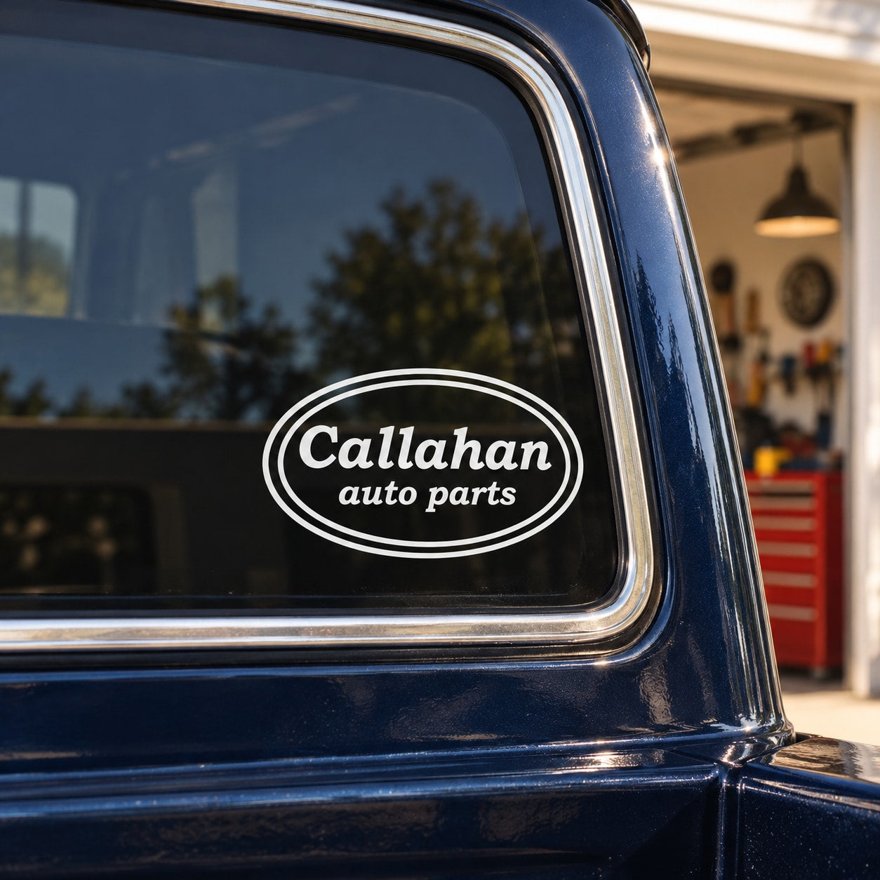 Auto parts decal sticker with Callahan logo on car window