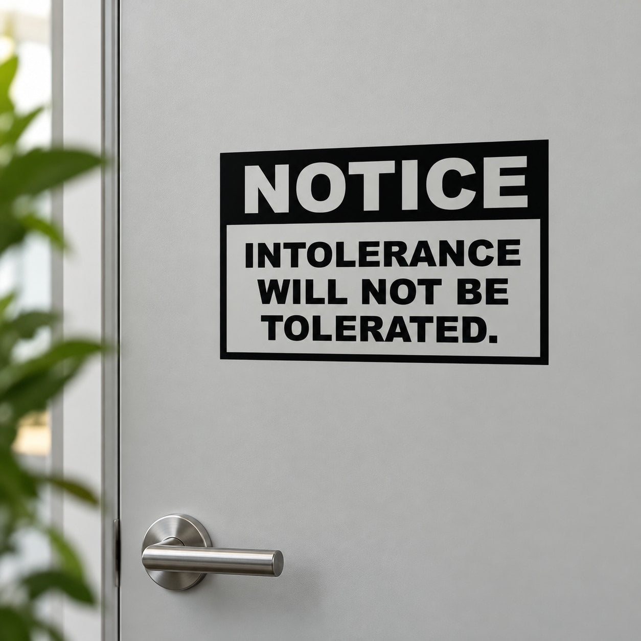 Black square decal with bold white text: NOTICE INTOLERANCE WILL NOT BE TOLERATED.