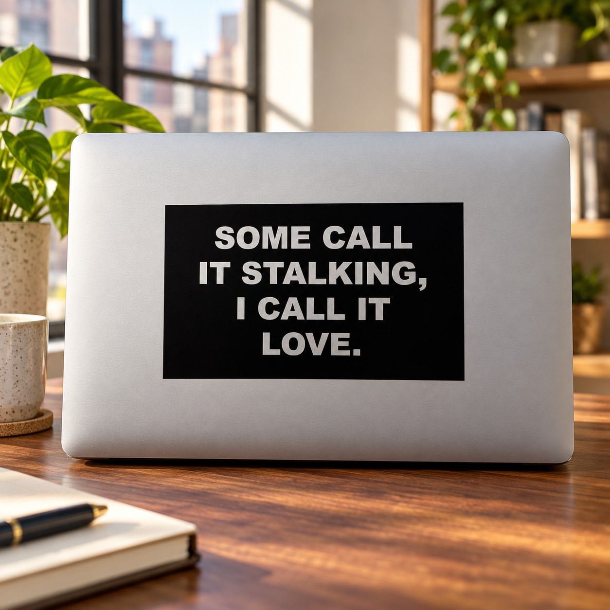 Black quote decal with white lettering: SOME CALL IT STALKING, I CALL IT LOVE.