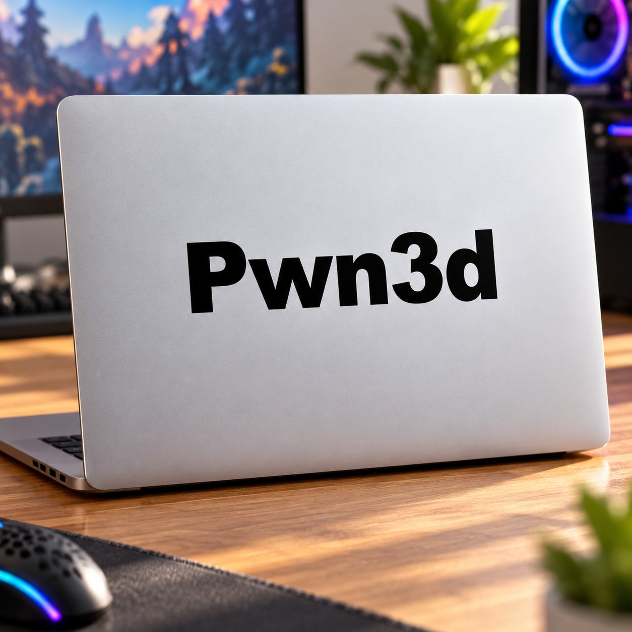 Pwn3d 3D decal on white laptop lid