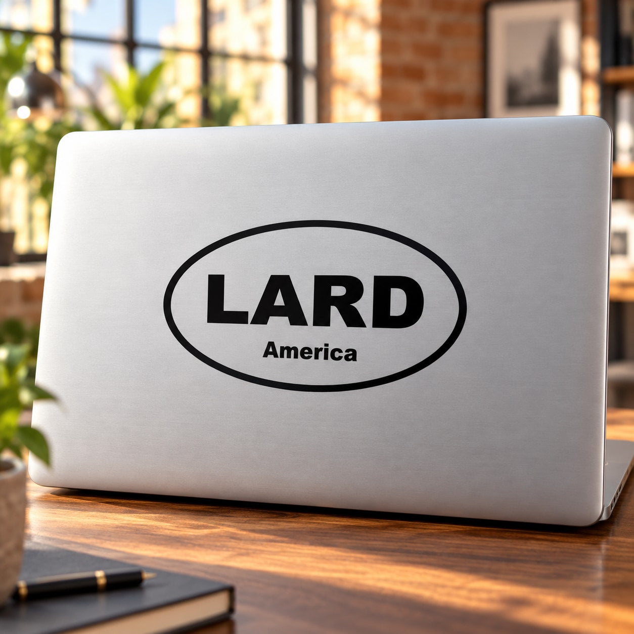 LARD America oval logo decal on white laptop lid