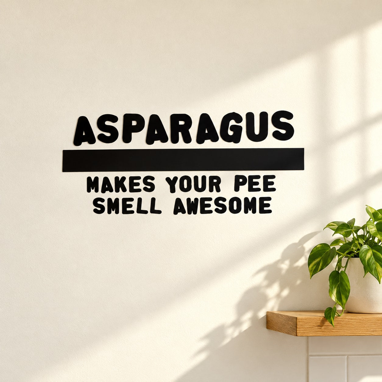 Asparagus quote wall decal, bold black text: 'ASPARAGUS' and 'MAKES YOUR PEE SMELL AWESOME'.