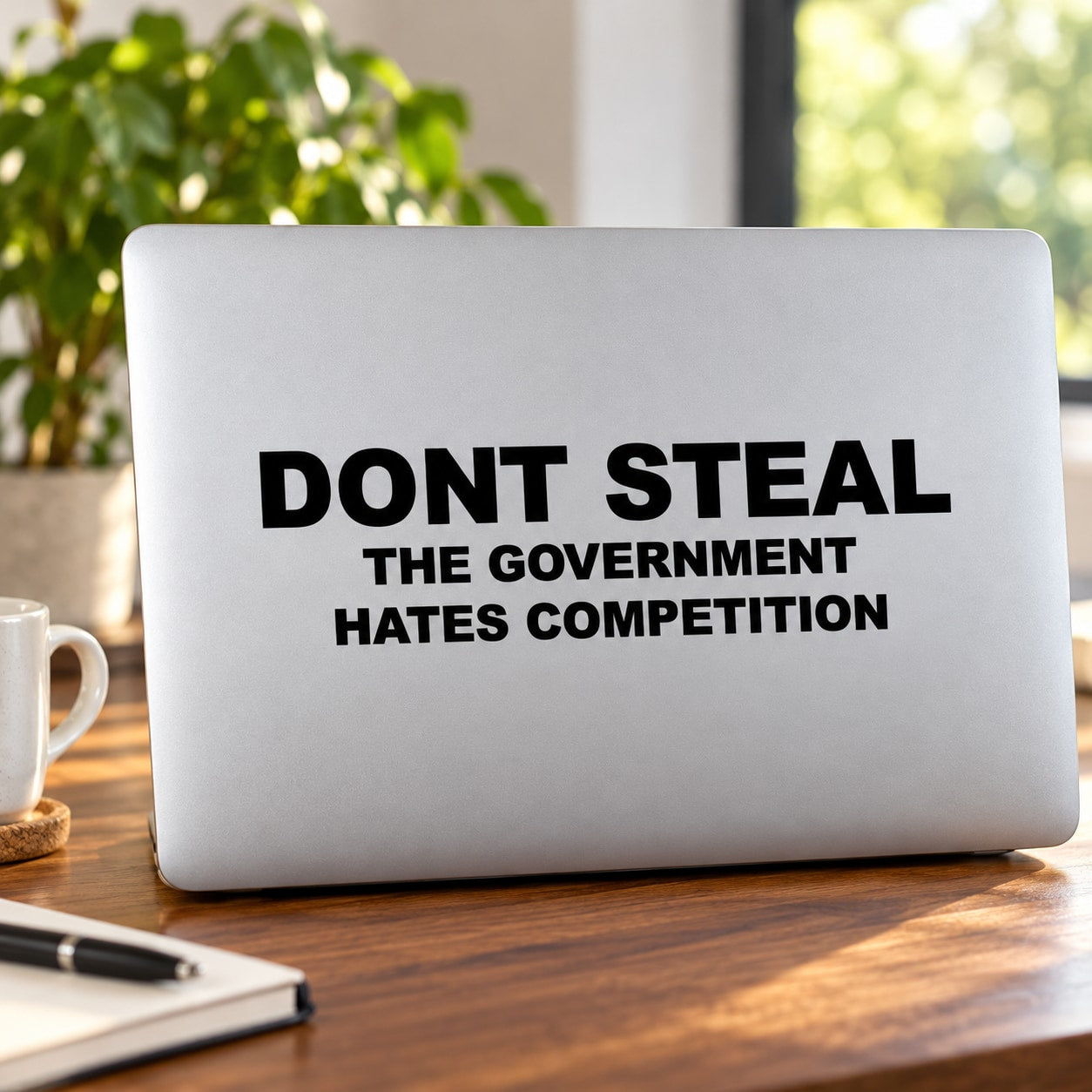 Don't Steal the Government hates competition Decal — illustrative vinyl decal application mockup. Surrounding objects are not included.
