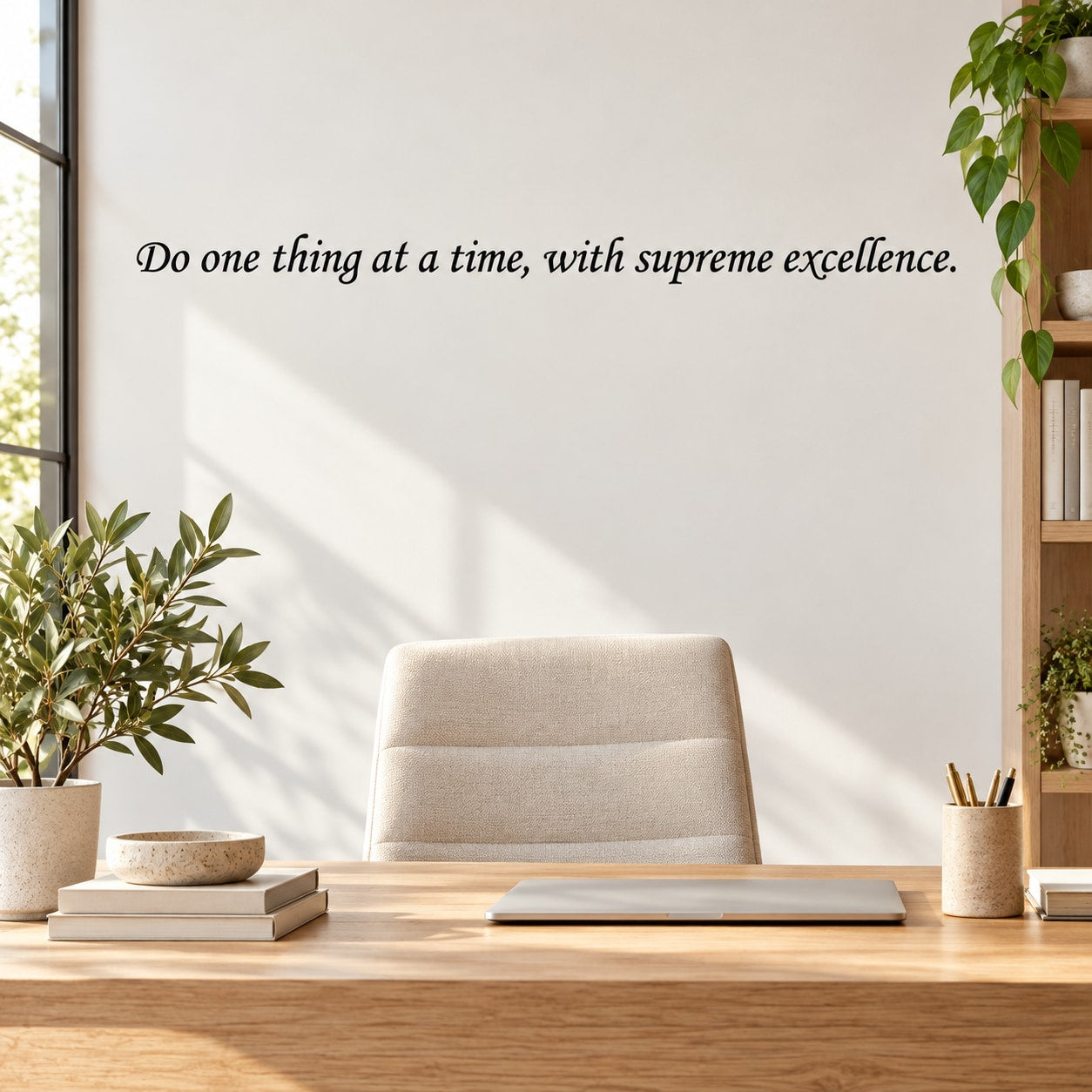 Inspirational wall decal with script quote: Do one thing at a time, with supreme excellence.