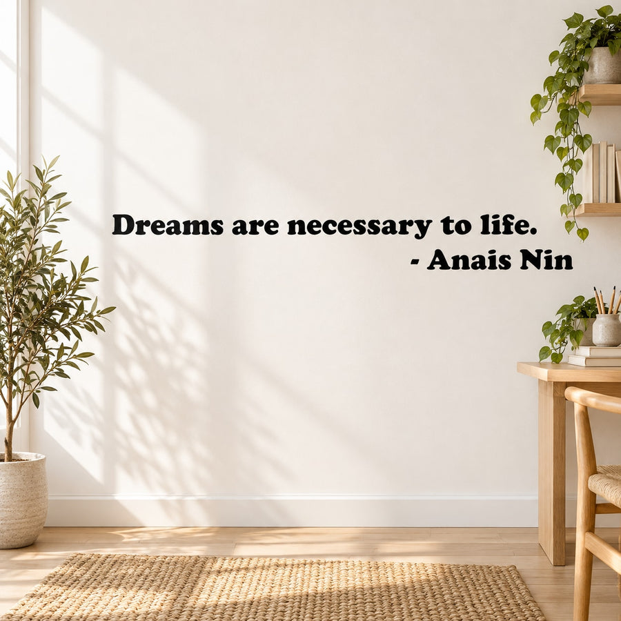 Dreams are necessary to life Anais Nin Wall Decal — illustrative vinyl decal application mockup. Surrounding objects are not included.