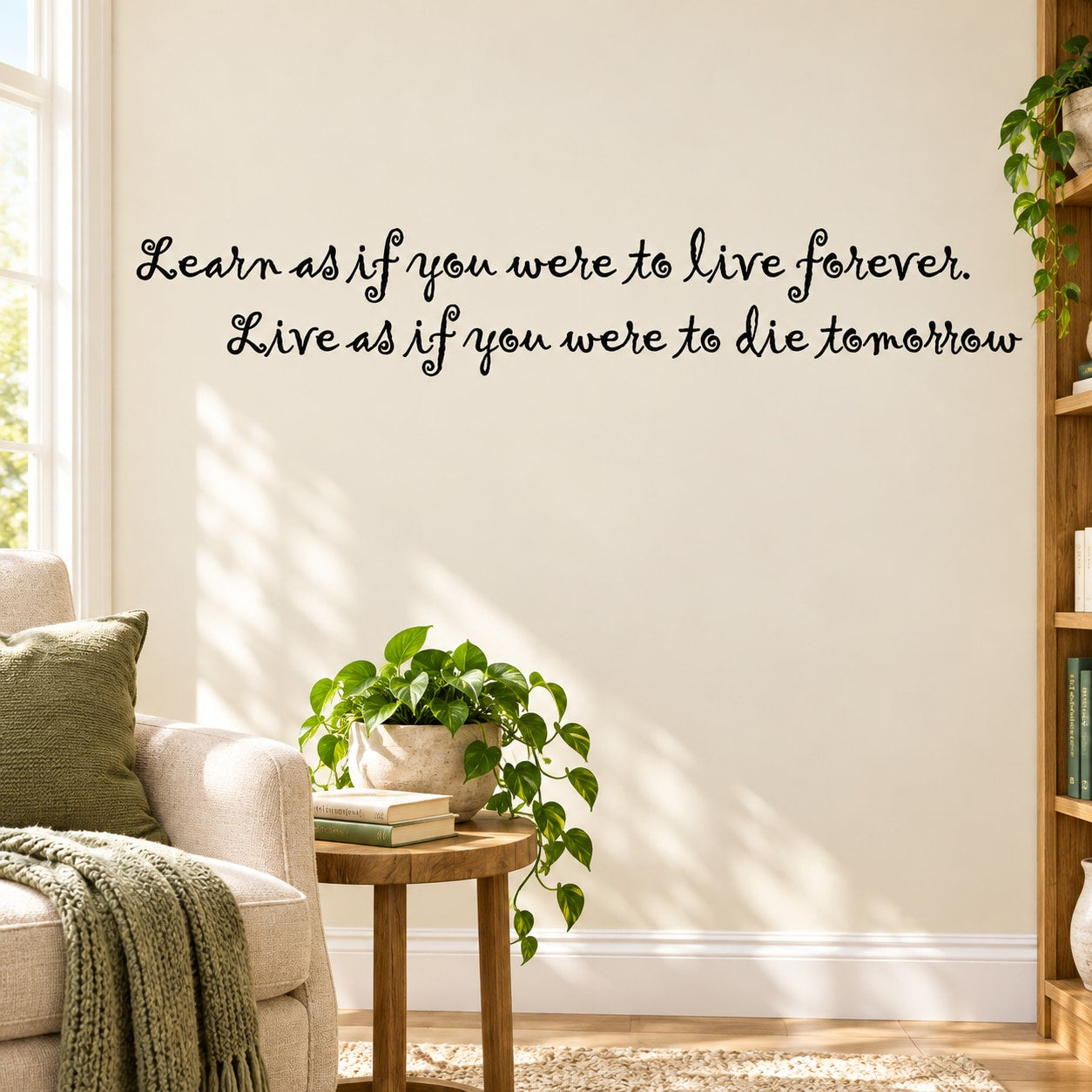 Wall decal with cursive quotes: live forever; die tomorrow