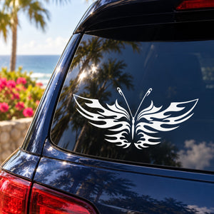 White butterfly wing vinyl decal on dark car window