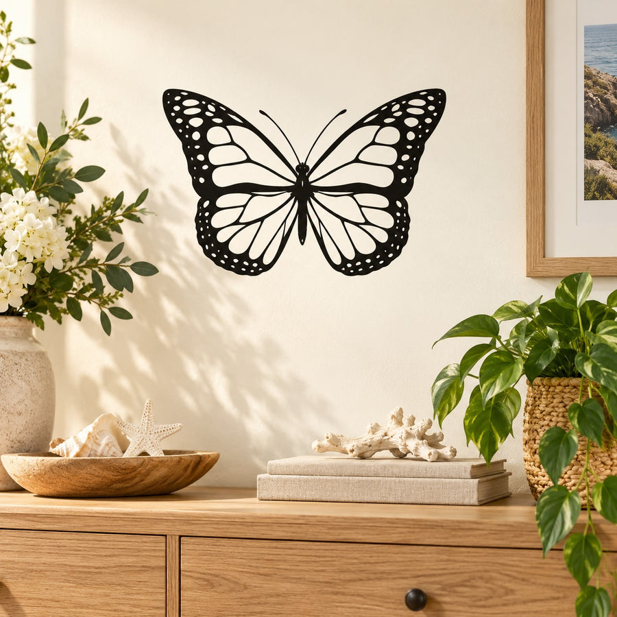 Small monarch butterfly wall decal, black and cream wings with white dot details