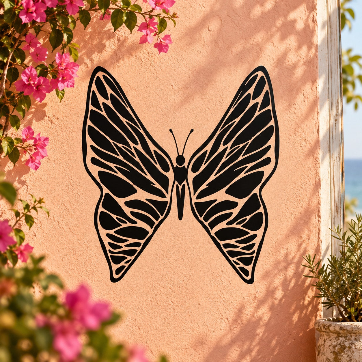 Black butterfly wall decal with detailed wing lines and symmetrical design